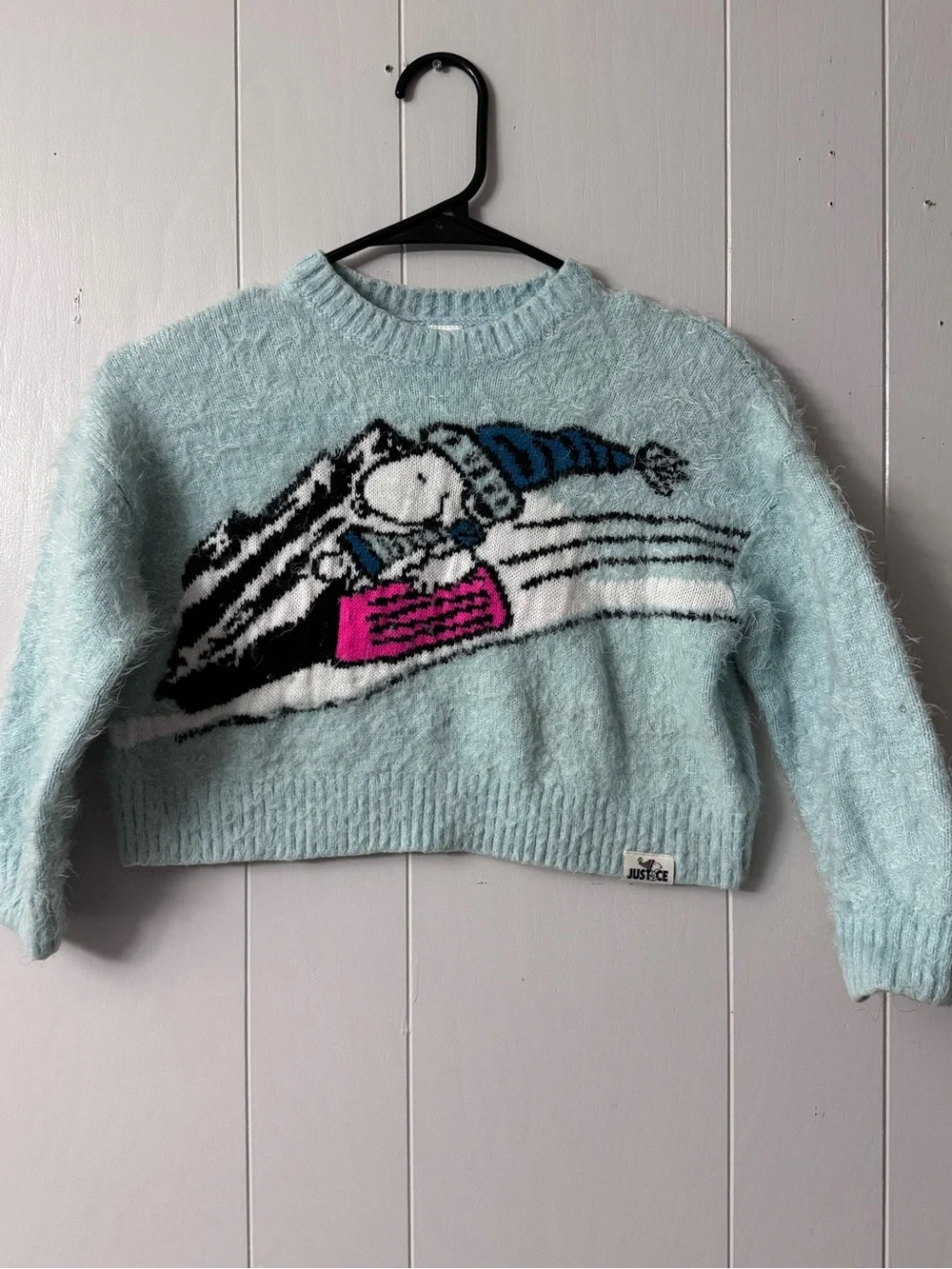 Justice Light Blue Fuzzy Cropped Sweater with Pink & Blue Graphic